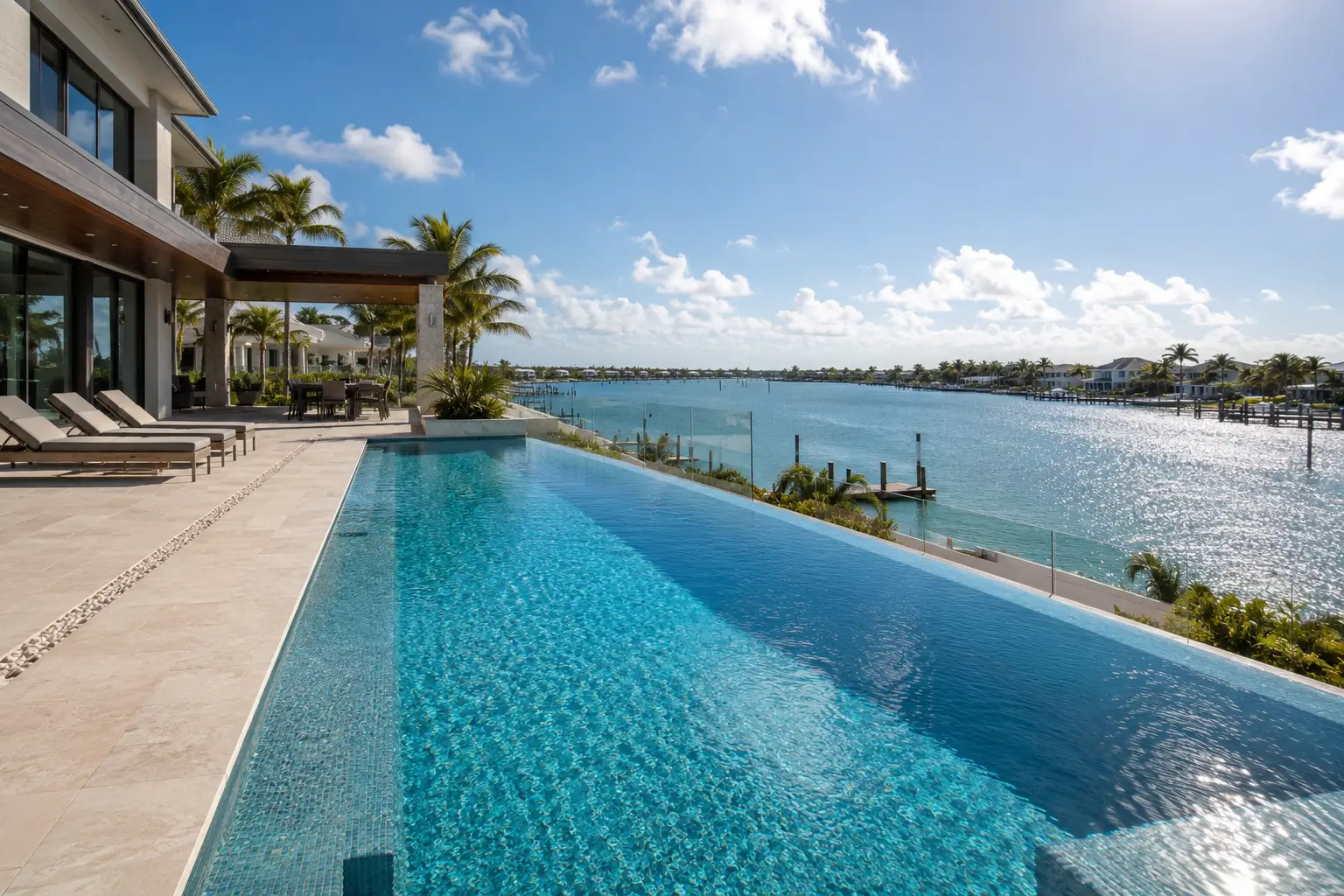 Infinity pool on a waterfront property