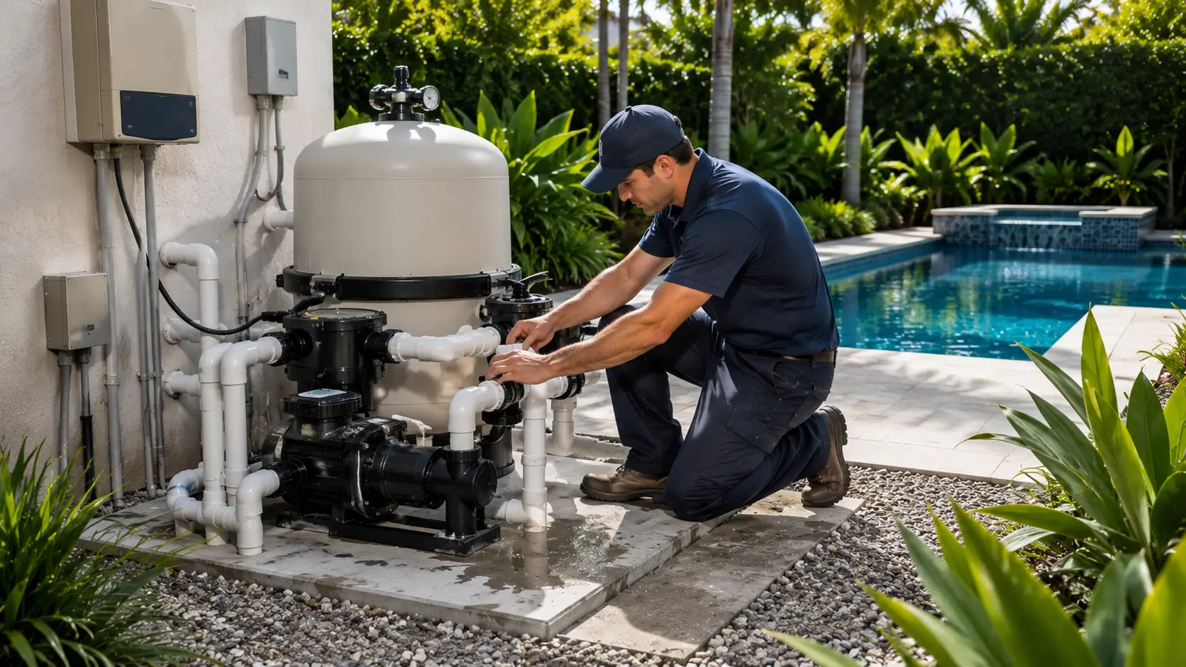 Technician servicing pool equipment