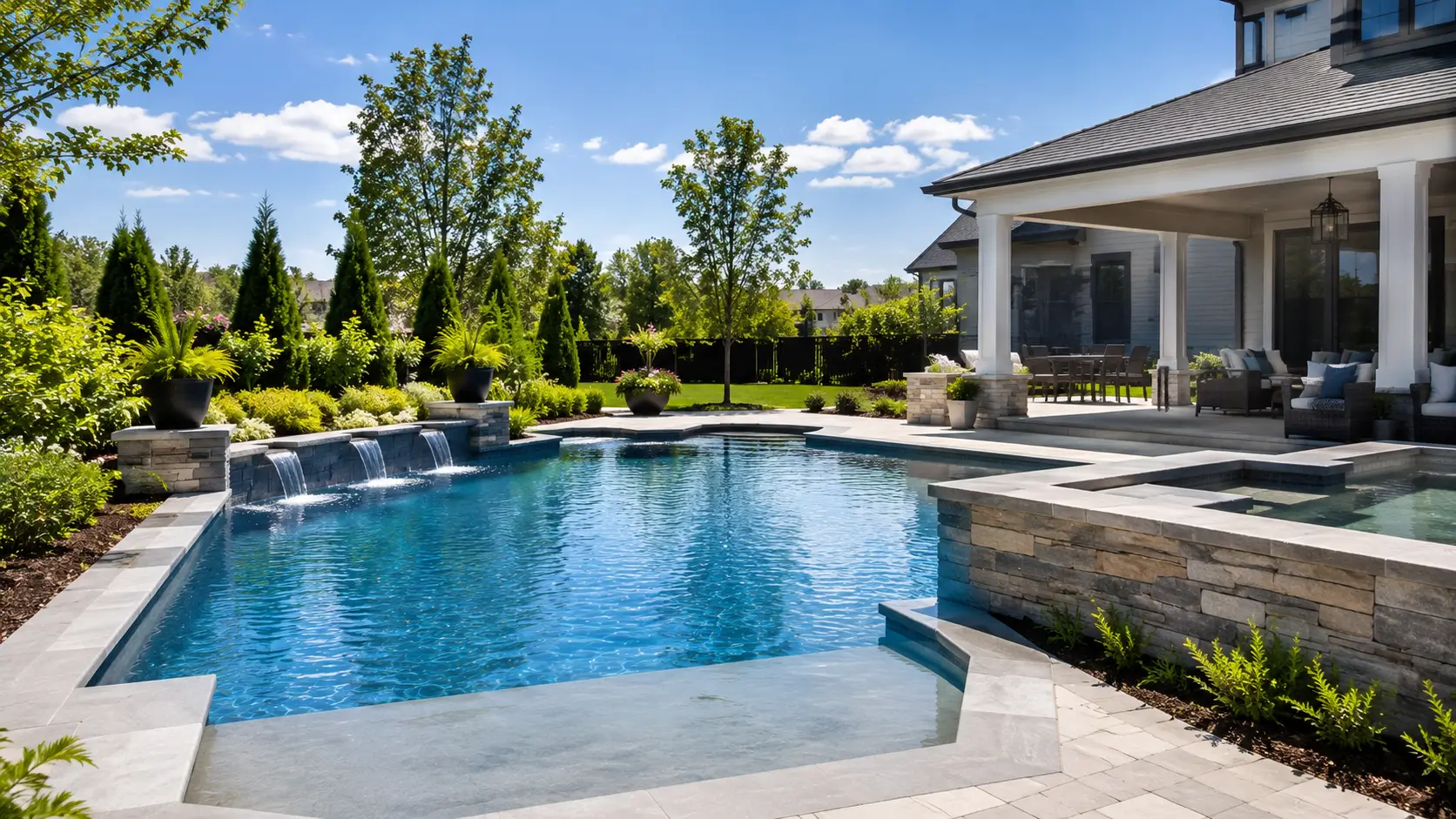 A finished backyard pool by Summerland Pools